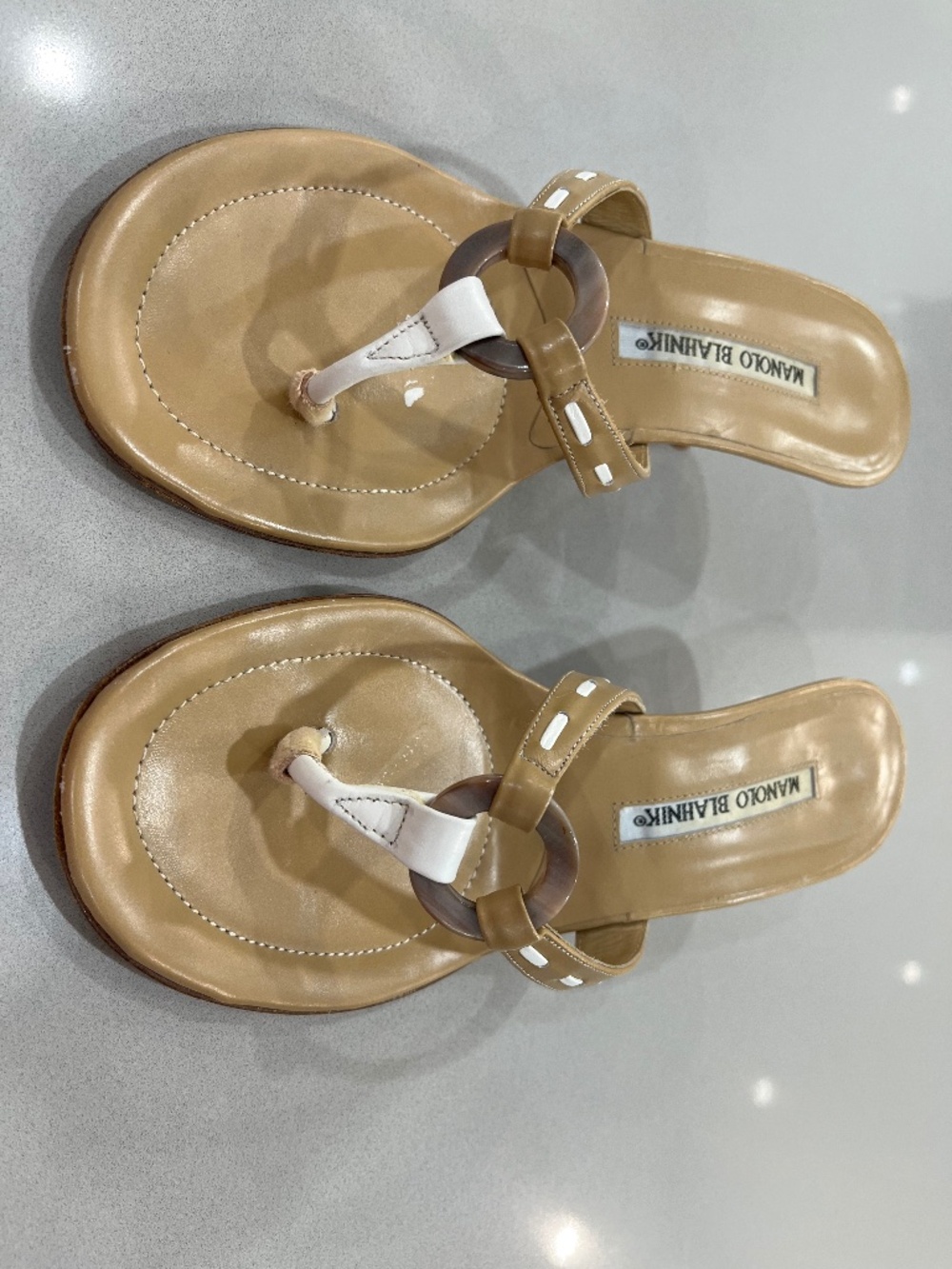 Manolo Blahnik Beige Kitten-Heel Sandals with White Accent.